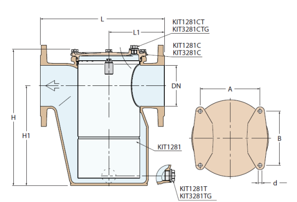 1281 / DENİZ SUYU FİLTRESİ YANDAN GİRİŞ YANDAN ÇIKIŞ FLANŞLI DN250 PN16 / BRONZ